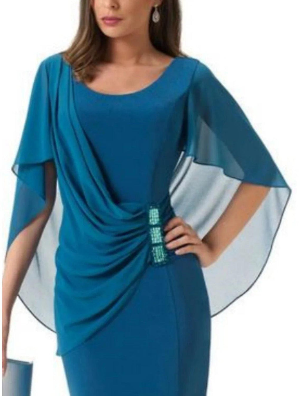 Vestido de madre de la novia con corte tubo/columna para invitados de boda, elegante, escote redondo, corto/mini, de gasa, media manga con broche de cristal fruncido.