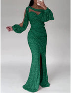 Meerjungfrauenkleid, Abendkleid, Weihnachten, Rot, Grün, Formales Kleid, Sweep/Pinselzug, Langarm, Rundhalsausschnitt, Pailletten mit Glitzer, gerüschtem Schlitz