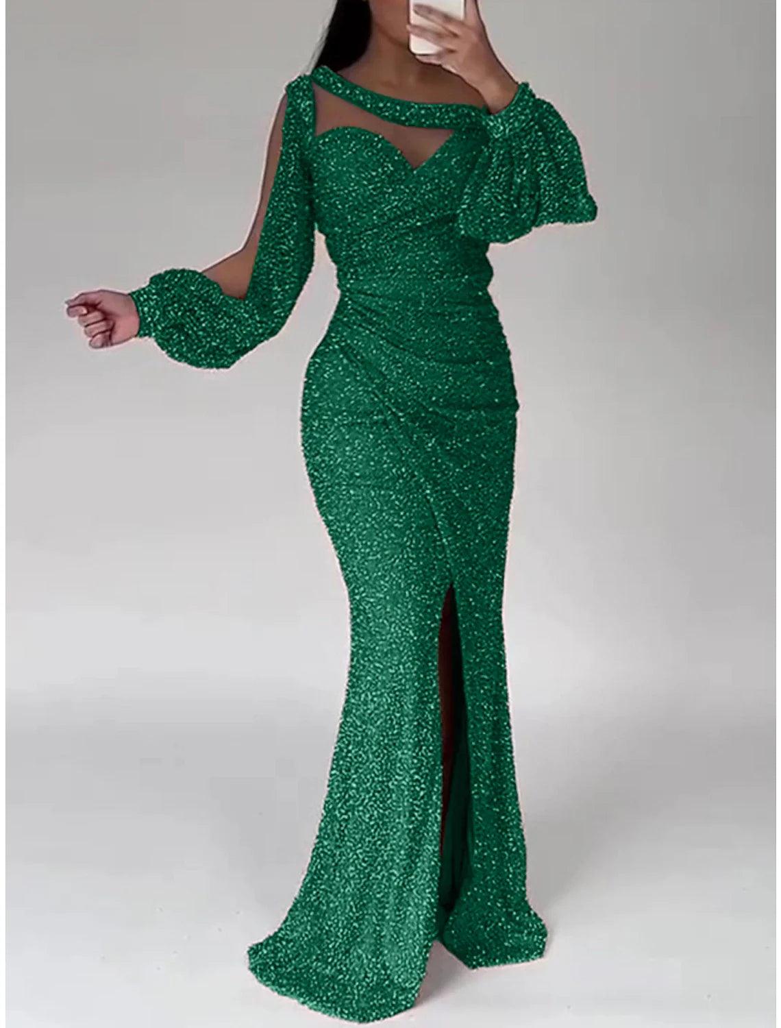 Meerjungfrauenkleid, Abendkleid, Weihnachten, Rot, Grün, Formales Kleid, Sweep/Pinselzug, Langarm, Rundhalsausschnitt, Pailletten mit Glitzer, gerüschtem Schlitz