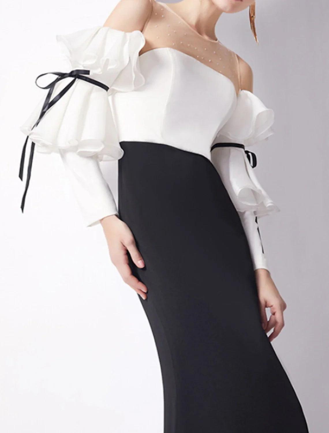 Vestido de noche estilo sirena/trompeta, minimalista, para invitados de boda, de compromiso, largo hasta el suelo, mangas 3/4, cuello joya, tejido elástico con pliegues y volantes.