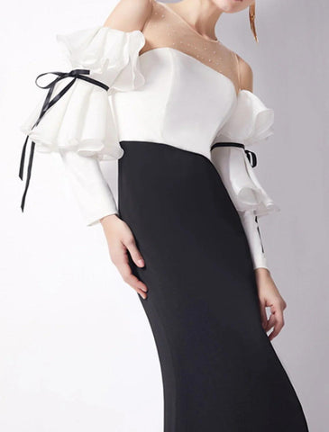 Meerjungfrau/Trompete Abendkleid Minimalistisches Kleid Hochzeitsgast Verlobung Bodenlang 3/4 Ärmel Rundhals Stretchstoff mit Falten Rüschen