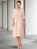 Two Piece Sheath / Column Mother of the Bride Dress Church Elegant Winter With Jacket Short Sleeve V Neck Knee Length Lace Stretch Chiffon Appliques Side-Draped