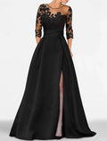 Elegant Wedding Guest Floor Length 3/4 Length Sleeve Jewel Neck Satin with Beading Appliques Evening Dress