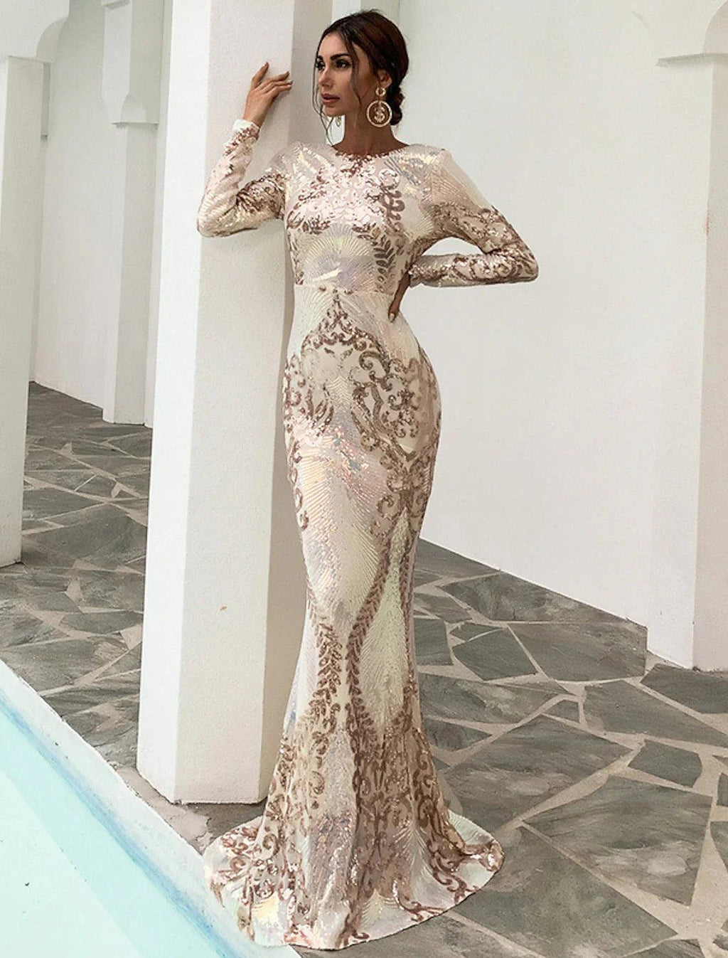 Mermaid / Trumpet Evening Gown Sexy Dress Formal Sweep / Brush Train Long Sleeve Jewel Neck Polyester Backless with Sequin