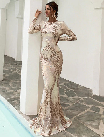 Meerjungfrau / Trompete Abendkleid Sexy Kleid Formell Sweep / Pinsel Schleppe Lange Ärmel Schmucksache-Ausschnitt Polyester Rückenfrei mit Pailletten