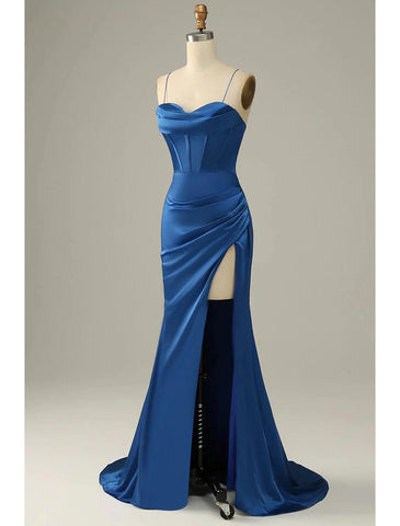 Meerjungfrau/Trompete Abendkleid Korsett Kleid Cocktail Party Ball Bodenlang Ärmellos Wasserfallausschnitt Satin mit Rüschen