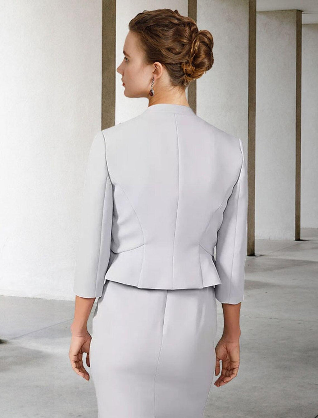 Zweiteiliges Etuikleid/Säulenkleid für die Brautmutter, elegantes Kirchenkleid mit Rundhalsausschnitt, knielang, Chiffon, Spitze, kurze Ärmel, kurze Jacke, Kleider mit Applikationen