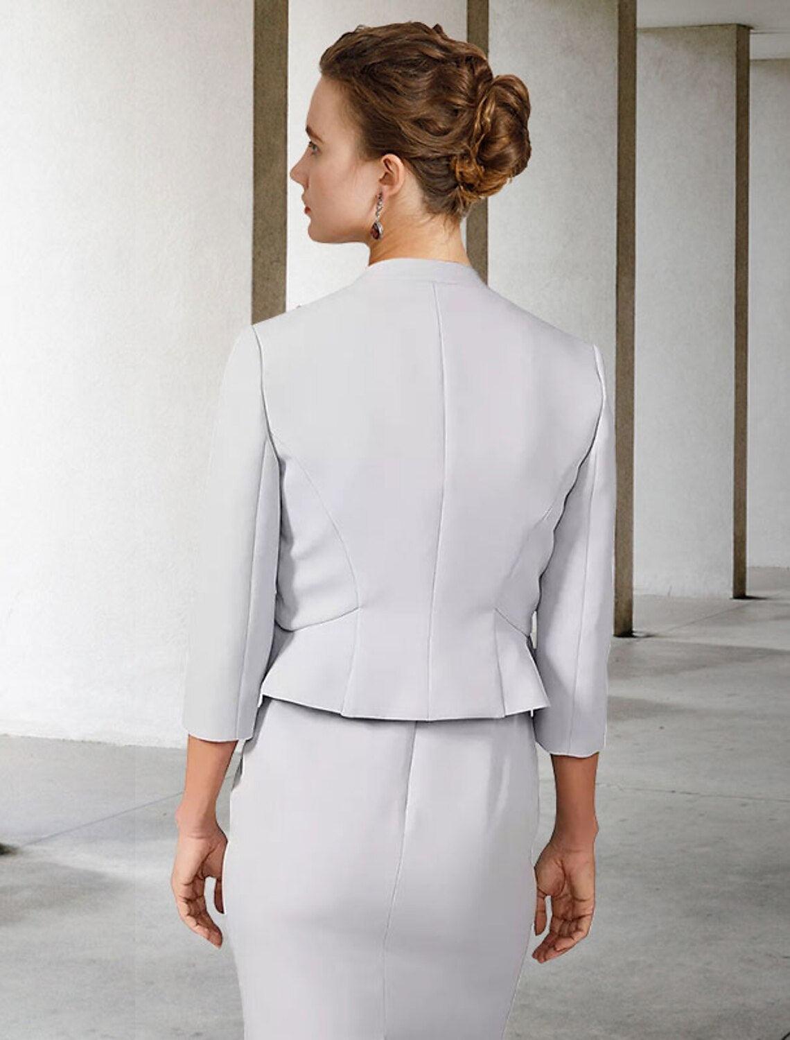 Zweiteiliges Etuikleid/Säulenkleid für die Brautmutter, elegantes Kirchenkleid mit Rundhalsausschnitt, knielang, Chiffon, Spitze, kurze Ärmel, kurze Jacke, Kleider mit Applikationen