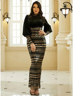 Vestido de noche elegante negro con corte en forma de columna, largo hasta los tobillos, manga larga, cuello alto, tejido elástico con lentejuelas.