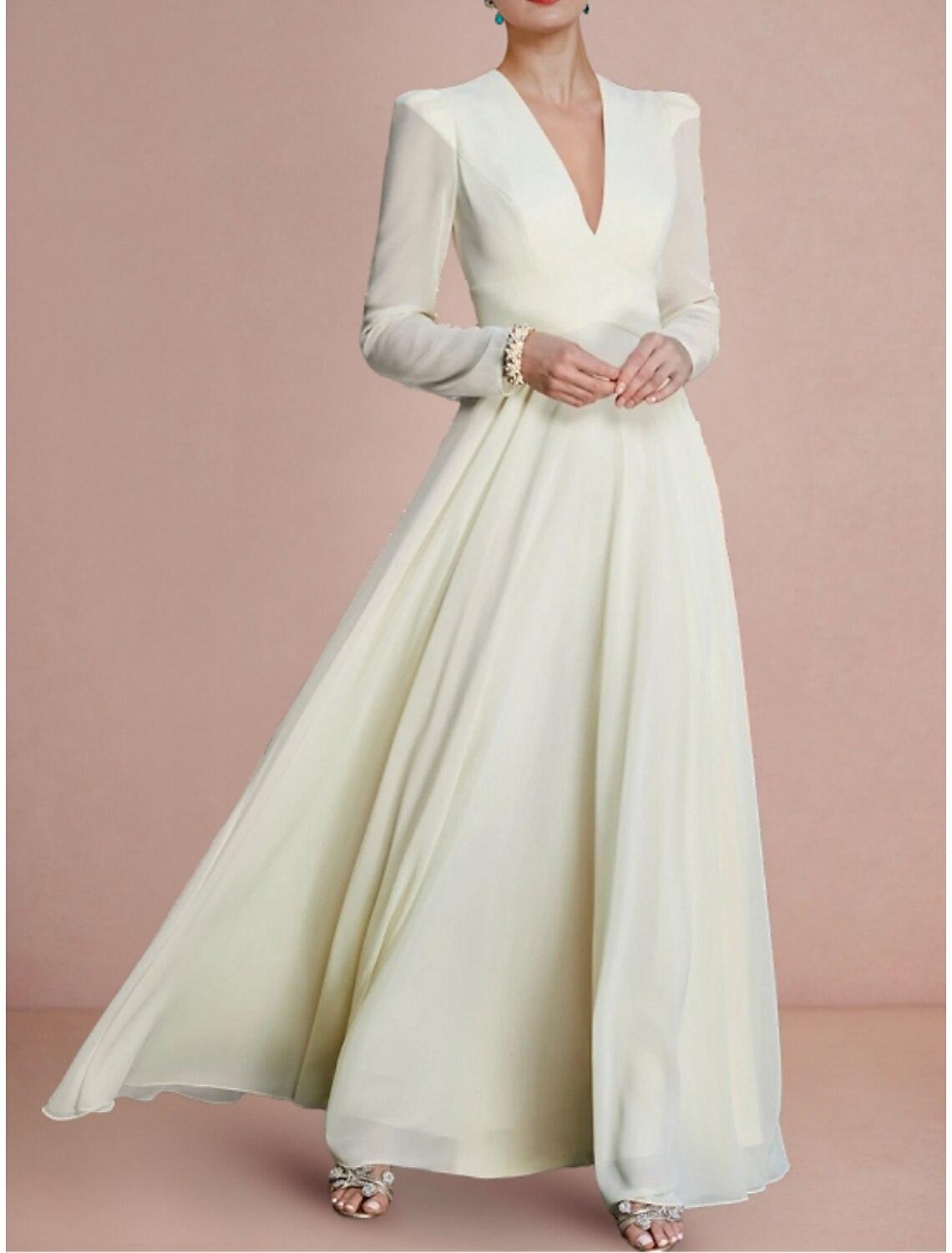 Vestidos de novia de corte A, escote en V, manga larga, largo hasta los tobillos, de gasa, con pliegues, color liso