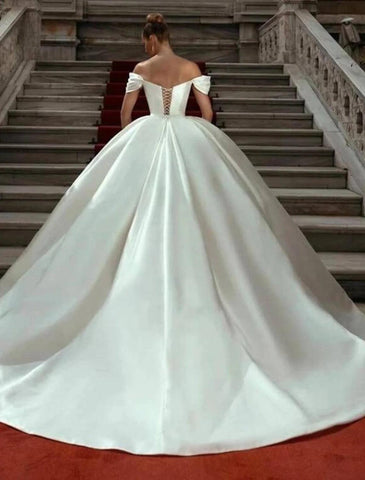 Verlobungs-Hochzeitskleider Ballkleid schulterfrei Flügelärmel Hofschleppe Satin-Brautkleider für die Kirche mit geraffter Volltonfarbe Sommer-/Herbsthochzeitsfeier
