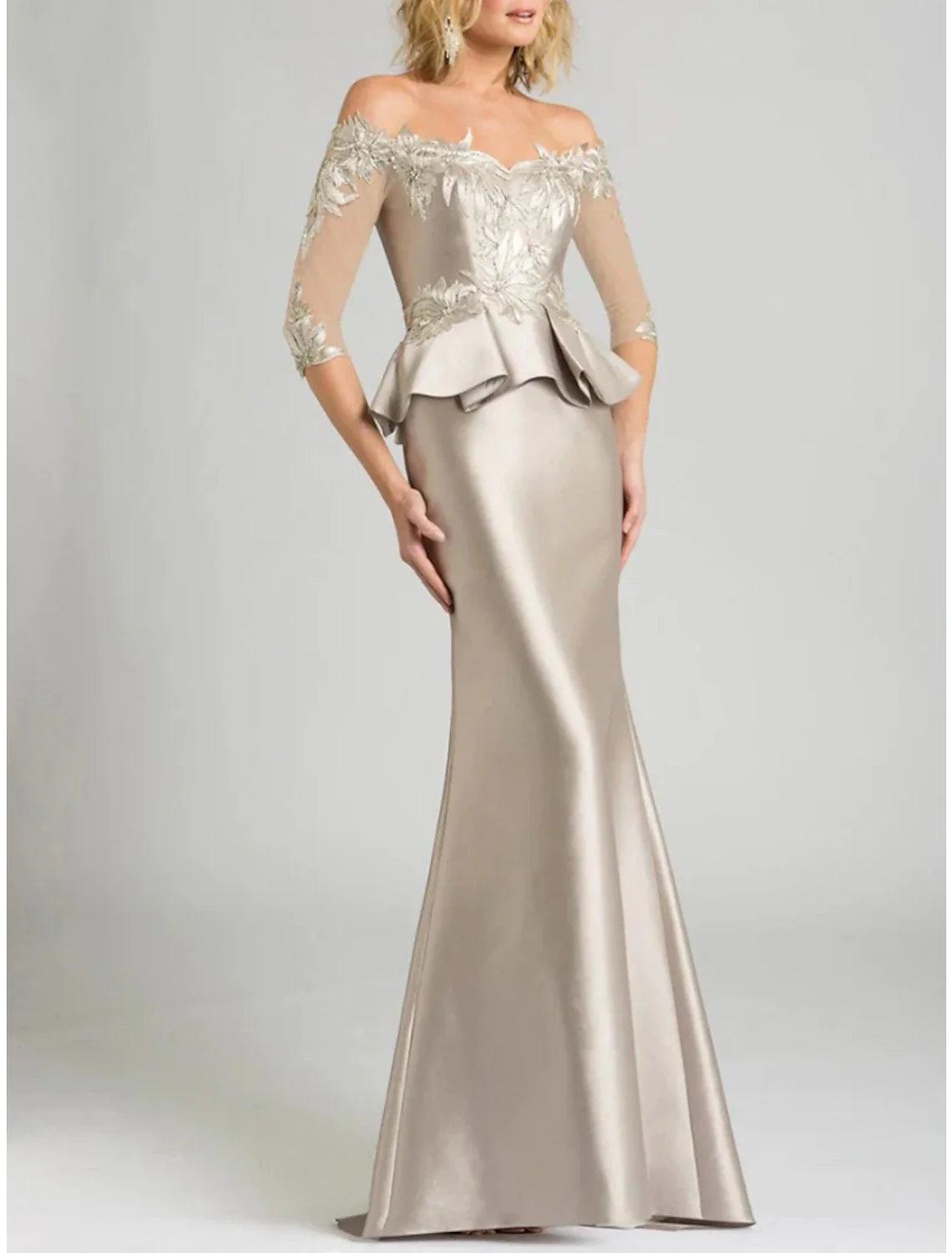 Mermaid / Trumpet Mother of the Bride Dress Wedding Guest Party Elegant Off Shoulder Floor Length Stretch Satin 3/4 Length Sleeve with Lace Sequin Ruching