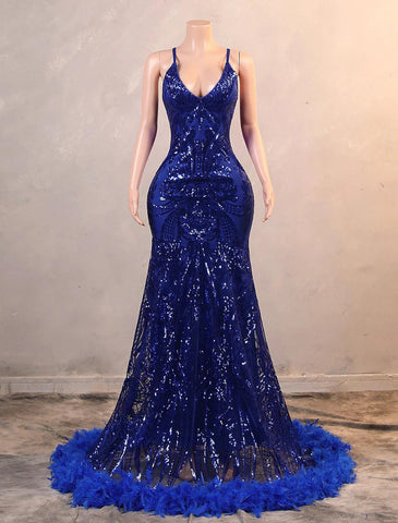 Meerjungfrau/Trompete Abendkleid Luxuriöses Kleid Karneval Bodenlang Ärmellos Spaghettiträger Afroamerikaner Pailletten mit Federstickerei