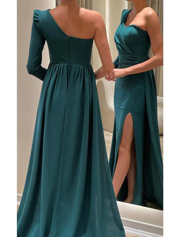 Meerjungfrau/Trompete Abendkleid, elegantes Kleid, formell, Weihnachten, bodenlang, lange Ärmel, eine Schulter, Herbst, Hochzeitsgast, Stretchstoff mit gerüschtem Schlitz
