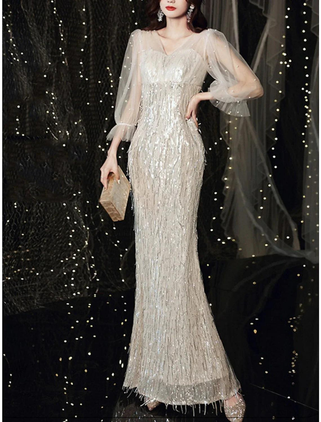 Meerjungfrau/Trompete Kleid für die Brautmutter, Hochzeitsgast, Party, Sparkle &amp; Shine, Petite, V-Ausschnitt, bodenlang, Tüll, Pailletten, 3/4-Ärmel mit Federperlen