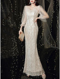 Meerjungfrau/Trompete Kleid für die Brautmutter, Hochzeitsgast, Party, Sparkle &amp; Shine, Petite, V-Ausschnitt, bodenlang, Tüll, Pailletten, 3/4-Ärmel mit Federperlen
