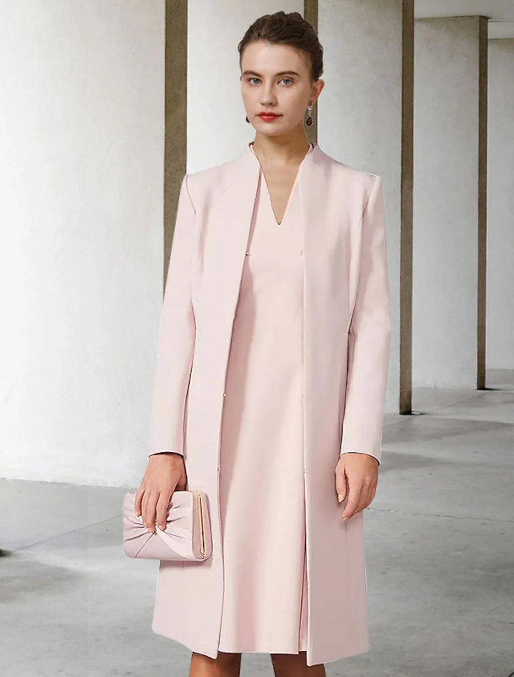 Vestido de dos piezas de corte A para madre de la novia, para invitada de boda, iglesia, elegante, cuello en V, largo hasta la rodilla, de gasa, manga corta, chaqueta, vestidos con color sólido, otoño