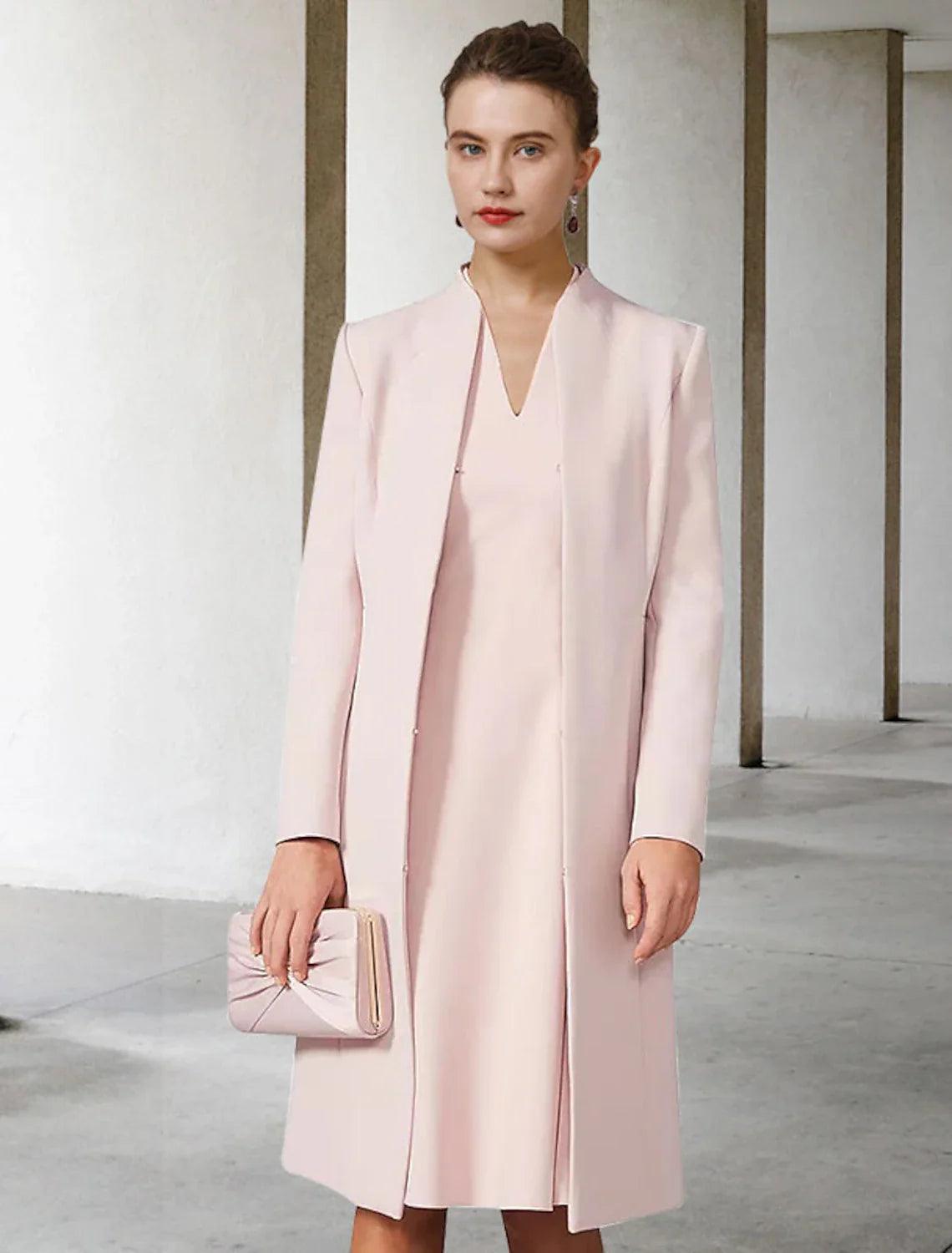 Zweiteiliges A-Linien-Kleid für die Mutter der Braut, Hochzeitsgast, Kirche, elegant, V-Ausschnitt, knielang, Chiffon, kurzärmelig, Jackenkleider mit Volltonfarbe, Herbst