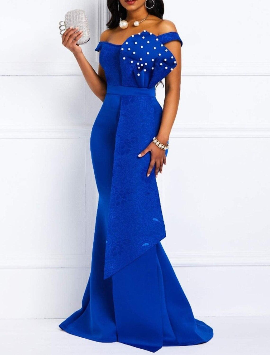 Meerjungfrau Partykleid Schöner Rücken Elegantes Verlobungs-Abendkleid Schulterfrei Kurzarm Sweep/Pinselschleppe Spitze mit Schärpe/Band Perlen