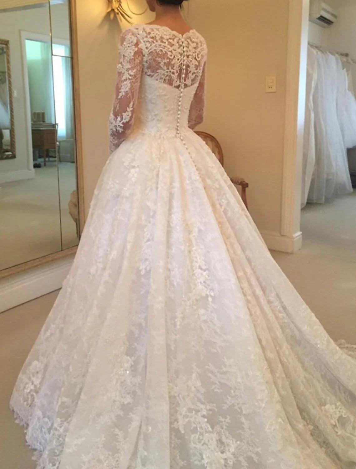 Vestidos de novia formales de otoño para compromiso, vestido de gala, cuello ilusión, manga larga, cola capilla, vestidos de novia de encaje con botones y perlas