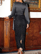 Vestido de sirena rojo y verde para cóctel, vestido de fiesta con lazo, para graduación, boda, largo hasta los tobillos, manga larga, cuello en V, para invitados a la boda de otoño, con lentejuelas y tiras.