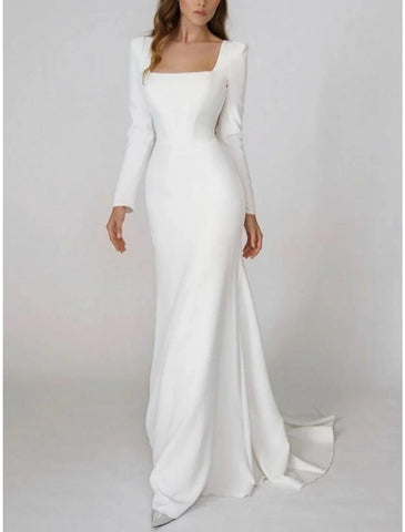 Abendkleid im Meerjungfrauen-/Trompeten-Stil, elegantes Kleid, formelle Schleppe, lange Ärmel, quadratischer Ausschnitt, Stretch-Stoff mit Falten