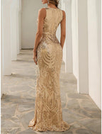 Mermaid / Trumpet Sparkle Sexy Engagement Formal Evening Dress V Neck Sleeveless Sweep / Brush Train Stretch Fabric with Sequin Slit