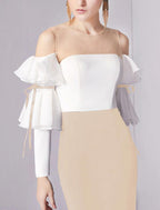 Vestido de noche estilo sirena/trompeta, minimalista, para invitados de boda, de compromiso, largo hasta el suelo, mangas 3/4, cuello joya, tejido elástico con pliegues y volantes.