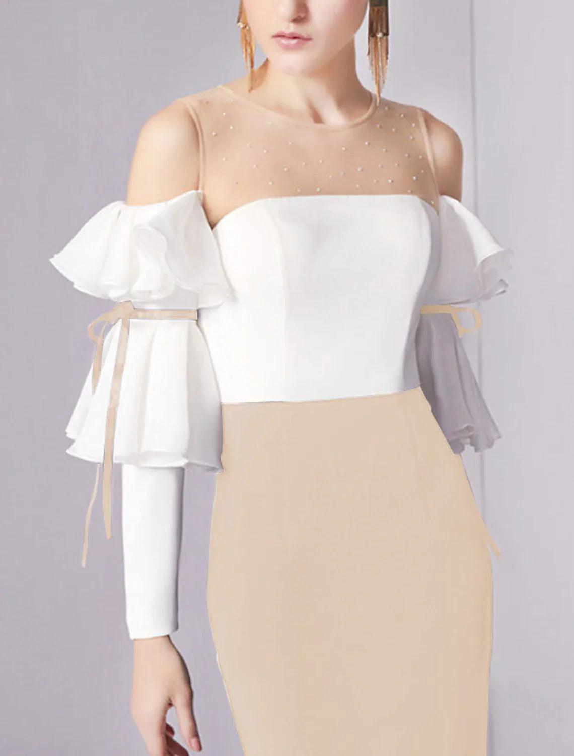 Vestido de noche estilo sirena/trompeta, minimalista, para invitados de boda, de compromiso, largo hasta el suelo, mangas 3/4, cuello joya, tejido elástico con pliegues y volantes.