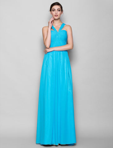 Etui-/Säulenkleid für die Brautjungfer, Neckholder, ärmellos, offener Rücken, bodenlang, Chiffon mit Criss Cross
