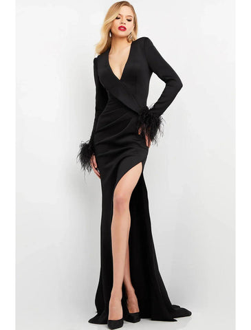 Meerjungfrau/Trompete Ballkleider Maxikleid Formell Sweep/Pinselzug Langarm V-Ausschnitt Stretchstoff mit Federschlitz Reine Farbe