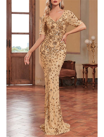 Meerjungfrau/Trompete Kleid für die Brautmutter, Hochzeitsgast, Sparkle &amp; Shine, elegant, V-Ausschnitt, bodenlang, Pailletten, kurze Ärmel, mit Paillettenblume