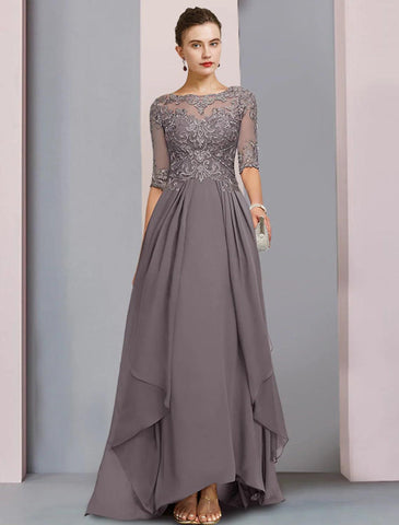 Etui-Linie/Säulenkleid für die Brautmutter, Hochzeitsgast, Party, elegant, Rundhalsausschnitt, asymmetrisch, Chiffon, Spitze, halbe Ärmel mit Falten