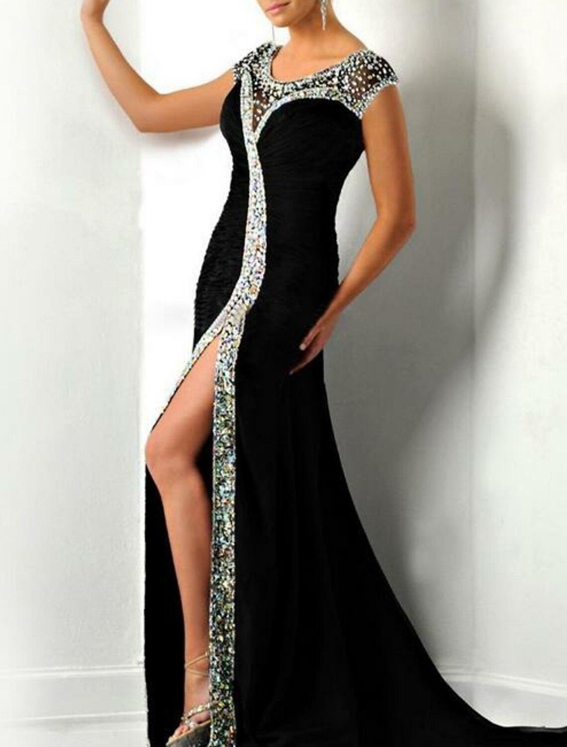 Vestido de fiesta de sirena con brillo, vestido de noche formal de compromiso, cuello joya, manga corta, cola de corte, charmeuse con abertura y cuentas de cristales