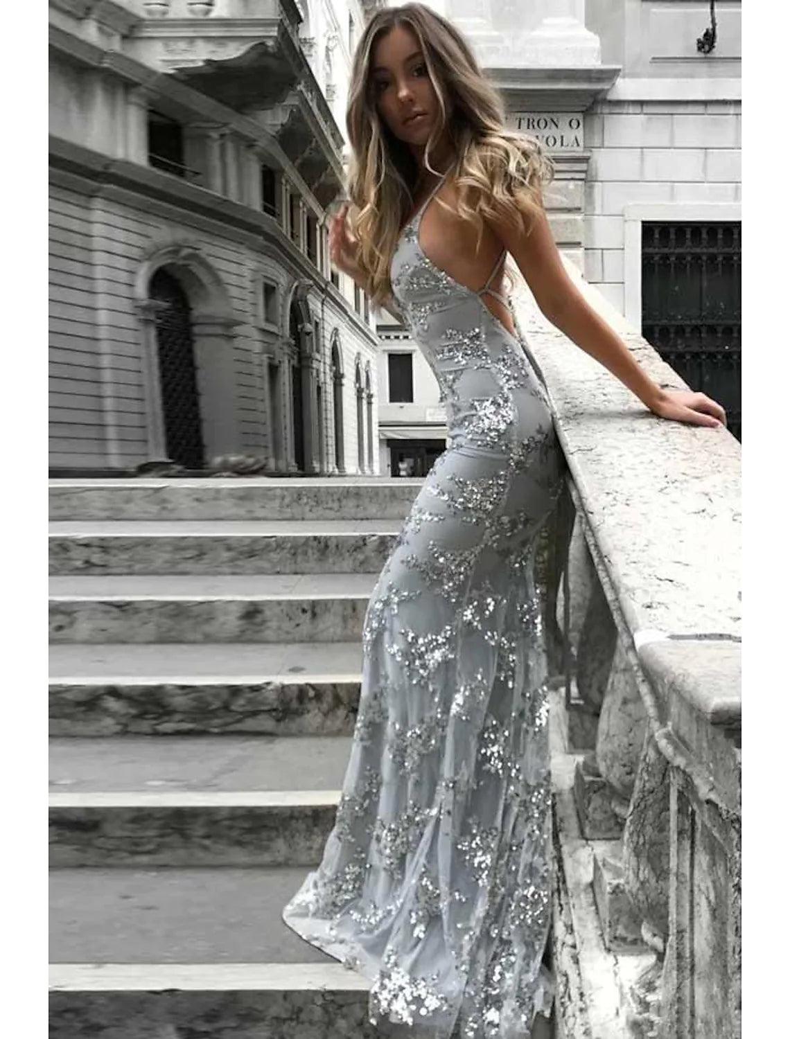 Vestidos de fiesta de sirena/trompeta con brillo y brillo, vestido formal con cola larga/cepillo, sin mangas, escote en V, encaje con lentejuelas