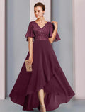 Sheath / Column Mother of the Bride Dress Wedding Guest Party Elegant V Neck Asymmetrical Chiffon Lace Half Sleeve with Pleats Sequin