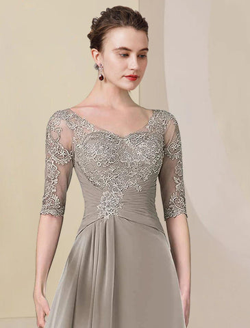 Vestido de dos piezas de corte A para madre de la novia, elegante, formal, para invitada de boda, escote en V alto y bajo, asimétrico, largo hasta la rodilla, de gasa, con encaje, media manga, cruzado incluido, con apliques fruncidos