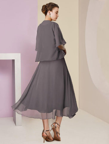 Vestido de dos piezas de corte A para madre de la novia, elegante, para invitada de boda formal, escote redondo, largo hasta la rodilla, de gasa, encaje, media manga, cruzado, con apliques de lentejuelas y cuentas.