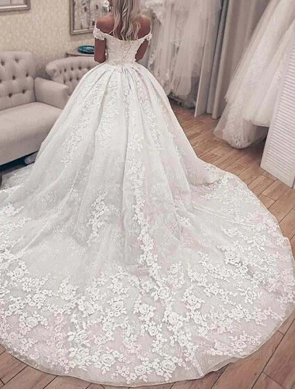 Vestidos de novia formales de compromiso, vestido de fiesta, hombros descubiertos, manga corta, cola capilla, vestidos de novia de encaje con apliques, fiesta de bodas de verano y otoño