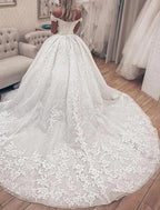 Vestidos de novia formales de compromiso, vestido de fiesta, hombros descubiertos, manga corta, cola capilla, vestidos de novia de encaje con apliques, fiesta de bodas de verano y otoño