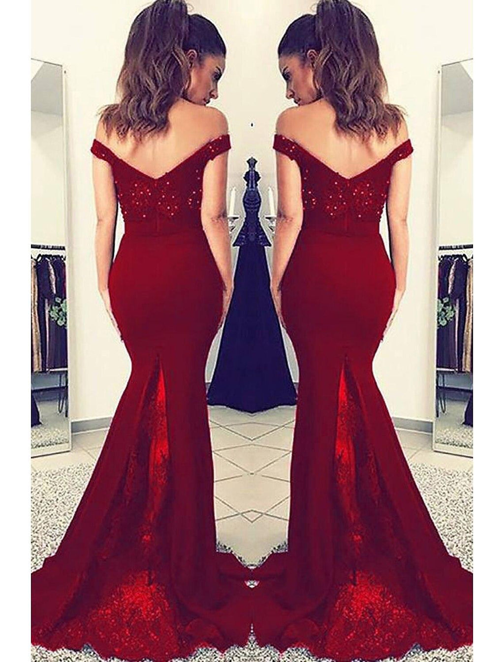 Mermaid / Trumpet Prom Dresses Sexy Dress Formal Prom Court Train Sleeveless Off Shoulder Stretch Fabric V Back with Beading Appliques