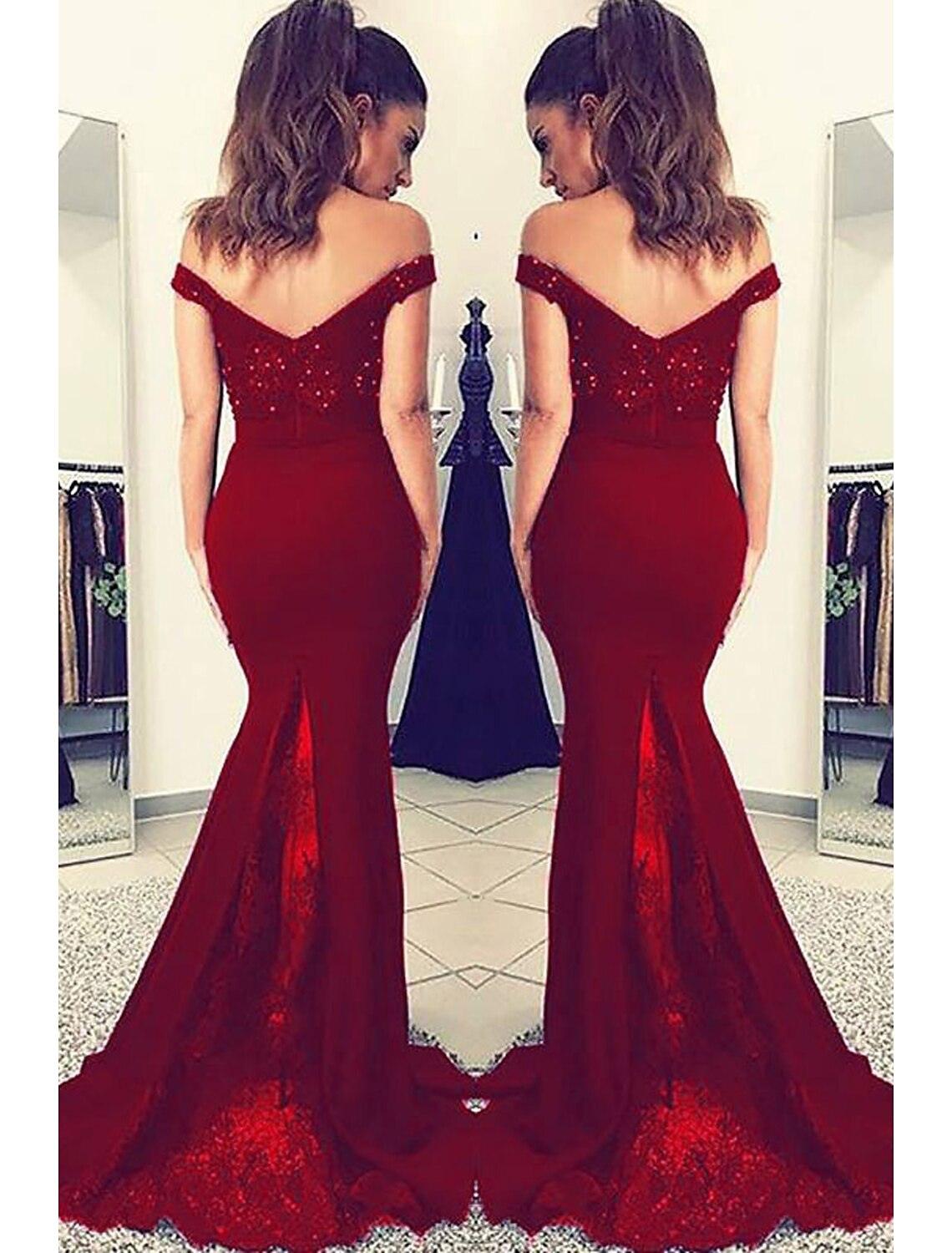Mermaid / Trumpet Prom Dresses Sexy Dress Formal Prom Court Train Sleeveless Off Shoulder Stretch Fabric V Back with Beading Appliques