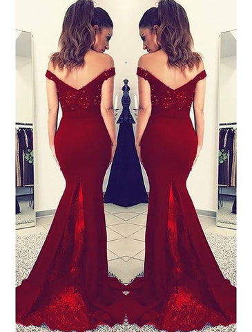 Meerjungfrau/Trompete Ballkleider Sexy Kleid Formeller Ball Hofschleppe Ärmellos Schulterfrei Stretchstoff V-Rücken mit Perlenapplikationen