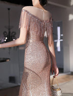 Vestidos de fiesta de sirena/trompeta, elegantes, para graduación, cumpleaños, largo hasta el suelo, sin mangas, cuello joya, encaje con flecos y borlas.
