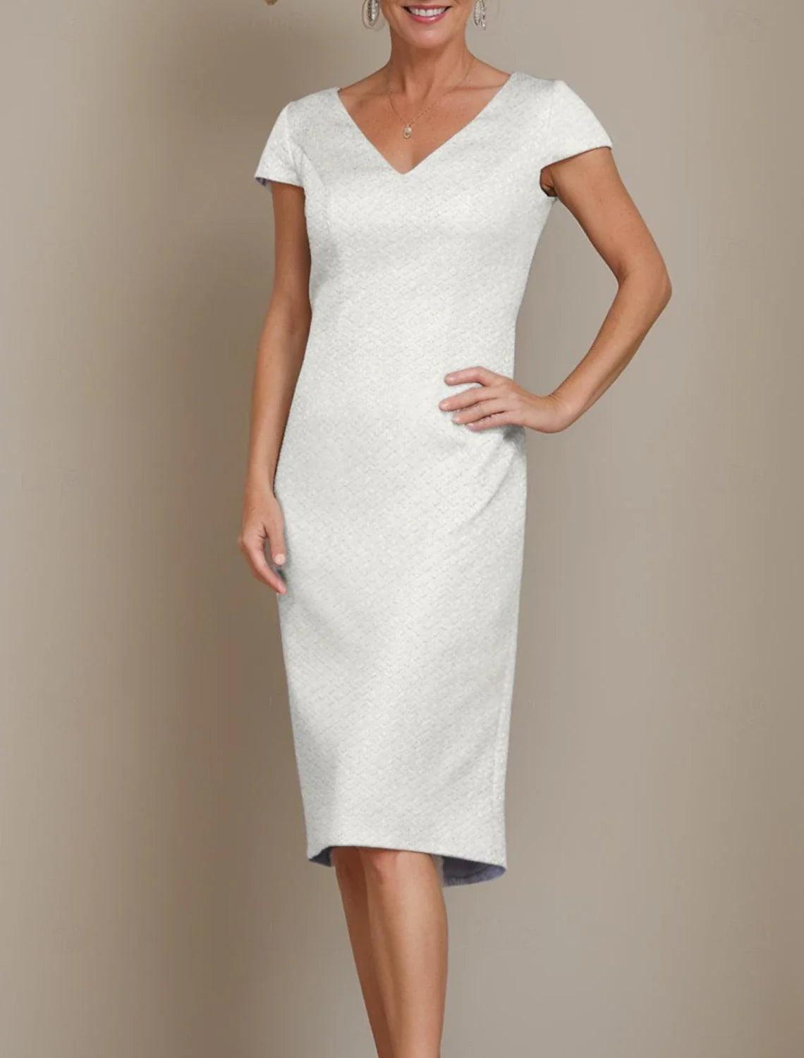 Zweiteiliges, elegantes, knielanges Satin-Polyester-Kleid mit Rundhalsausschnitt und halblangen Ärmeln und kurzen Jacken und Kristallen, Kleid für die Brautmutter
