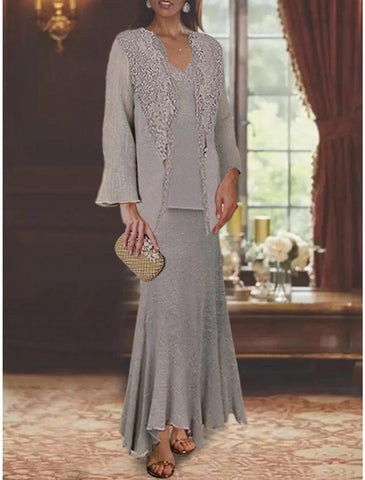 Meerjungfrau/Trompete, dreiteiliges Kleid für die Mutter der Braut, formeller Hochzeitsgast, eleganter V-Ausschnitt, asymmetrisch, knöchellang, Leinen-/Baumwollmischung, ärmellos, Wickelkleid inklusive Applikationen