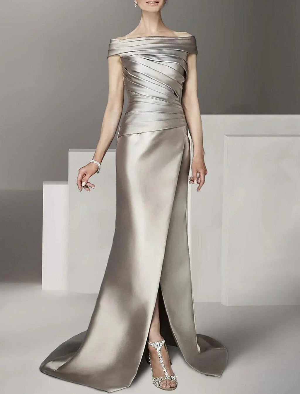 Vestido de novia elegante con escote redondo, hombros descubiertos, largo hasta el suelo y hasta los tobillos, de satén italiano, con mangas cortas y fruncido para invitada de boda.