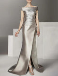 Vestido de novia elegante con escote redondo, hombros descubiertos, largo hasta el suelo y hasta los tobillos, de satén italiano, con mangas cortas y fruncido para invitada de boda.
