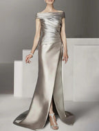 Vestido de novia elegante con escote redondo, hombros descubiertos, largo hasta el suelo y hasta los tobillos, de satén italiano, con mangas cortas y fruncido para invitada de boda.