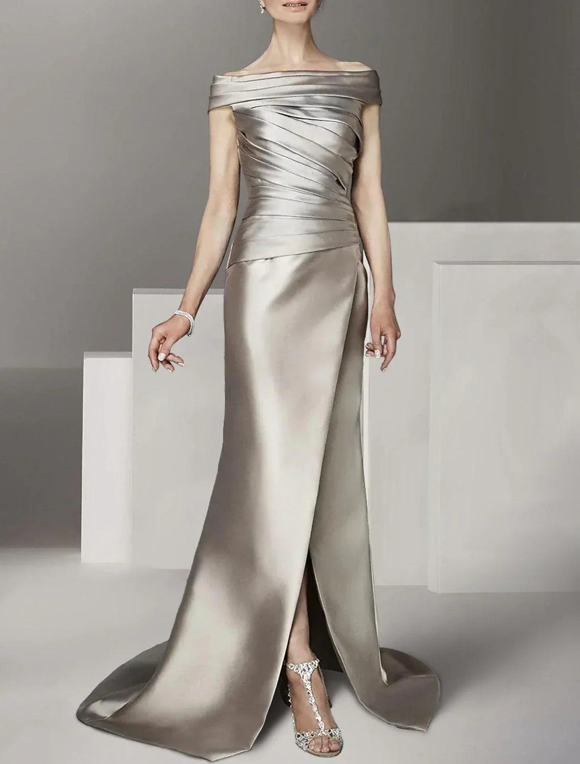 Vestido de novia elegante con escote redondo, hombros descubiertos, largo hasta el suelo y hasta los tobillos, de satén italiano, con mangas cortas y fruncido para invitada de boda.